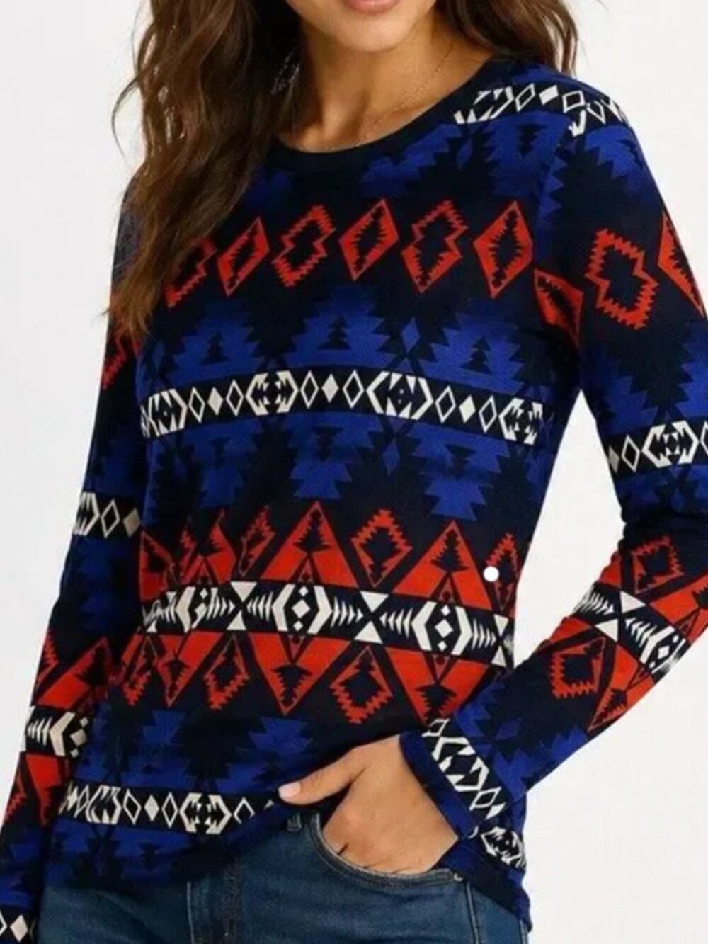 Ralph Lauren LRL Tribal Print Navy Multi-Color Long Sleeve Tee Women's Large